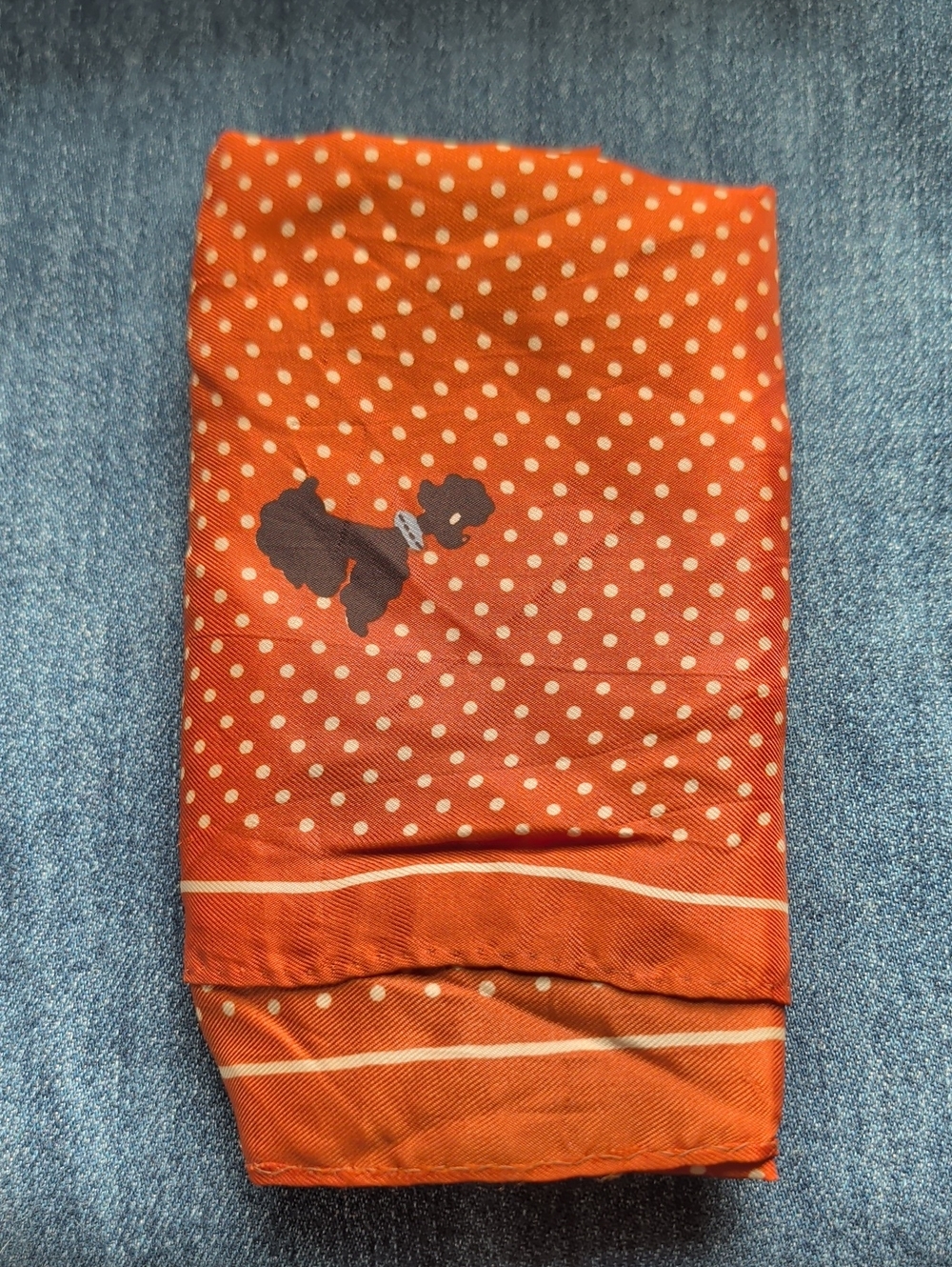 Vintage Silk Scarf Poodle Rust with white polka dots No tags 22' x 23"